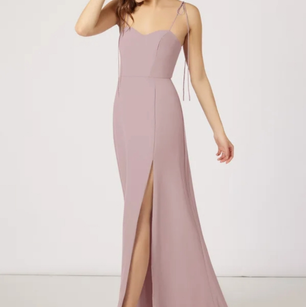 mauve/dusty rose floor length w/ slit spaghetti strap ties bridesmaid dress